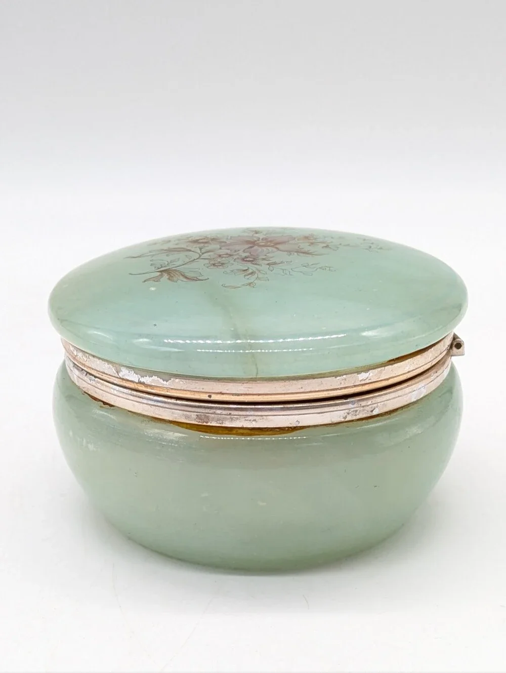 Vintage Green Floral Hand Carved Alabaster Hinged Trinket Dish